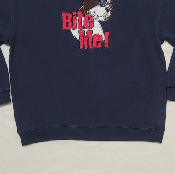 Bite Me Big Dogs Navy Blue Embroidered Graphic Fleece Lined Sweatshirt S - Picture 4 of 8